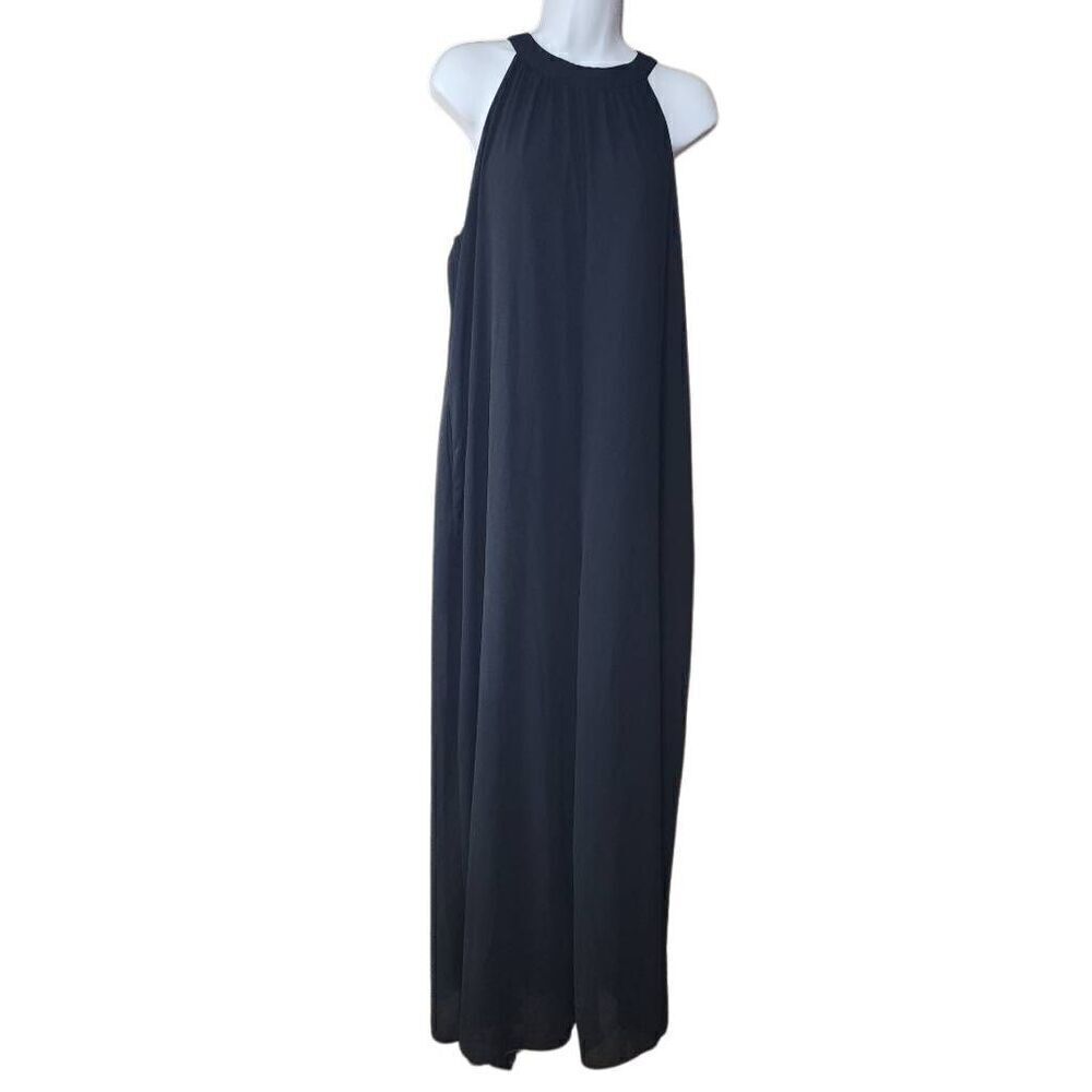 LYANER Size Large Black Women's Halter Neck Sleeveless Chiffon Wide Leg Long Pan